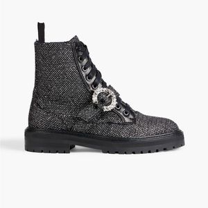 jimmy choo cora embellished tweed combat boot